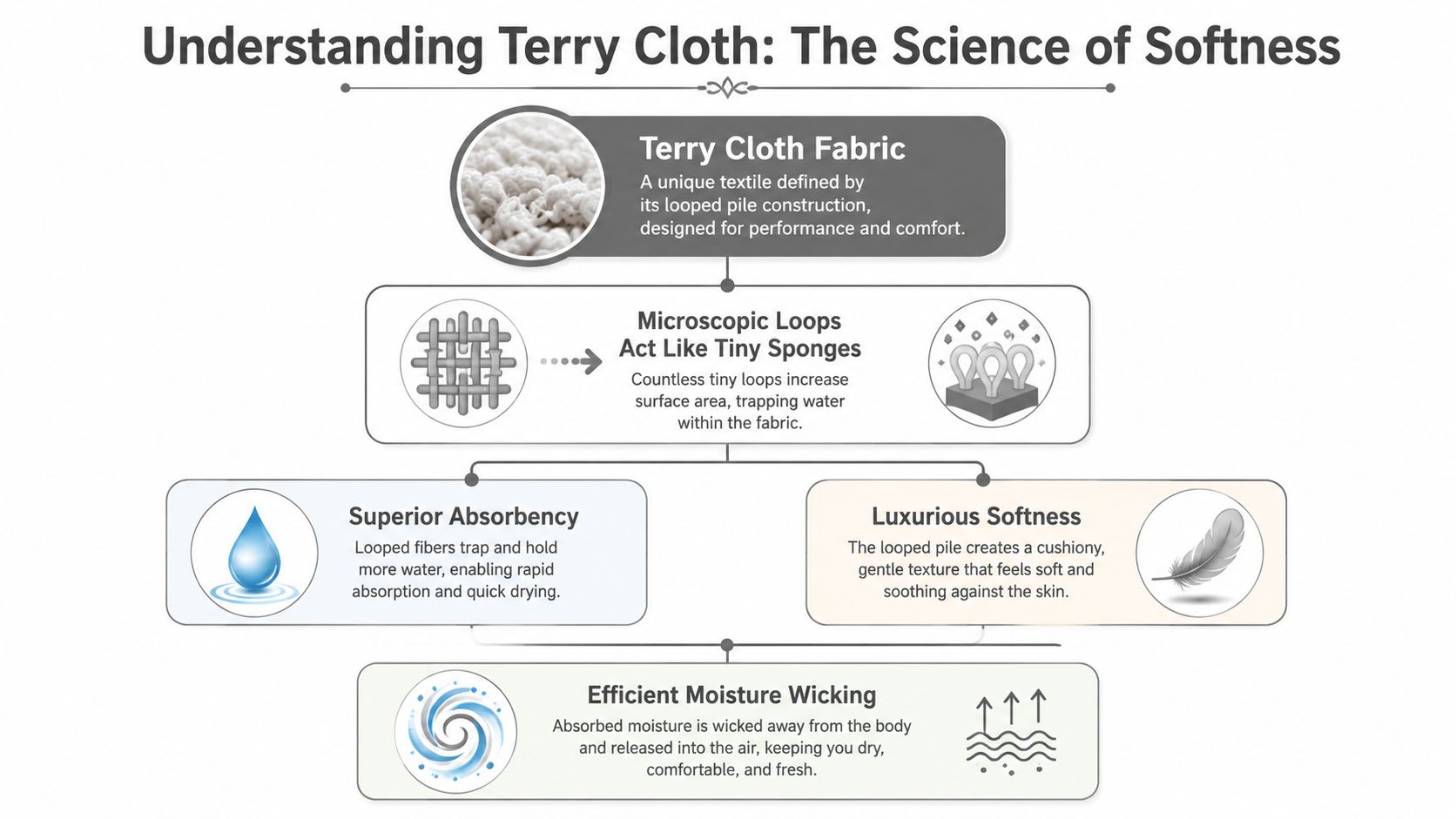 An infographic titled Understanding Terry Cloth illustrating how looped pile construction provides superior absorbency, softness, and moisture wicking.