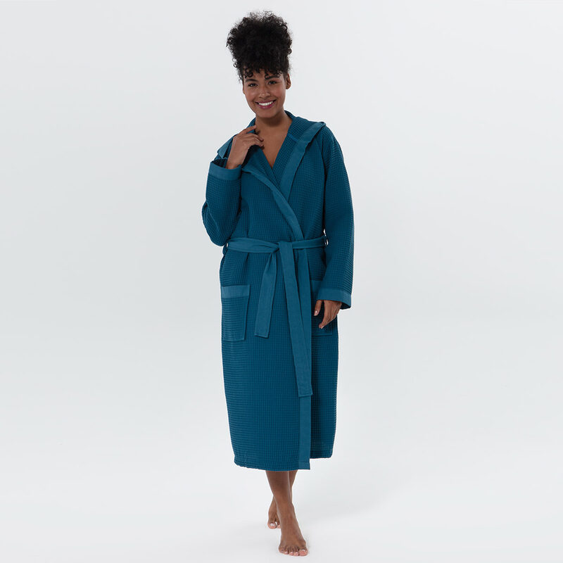 Women’s Deep Aqua Blue Turkish Cotton Waffle Hooded Robe