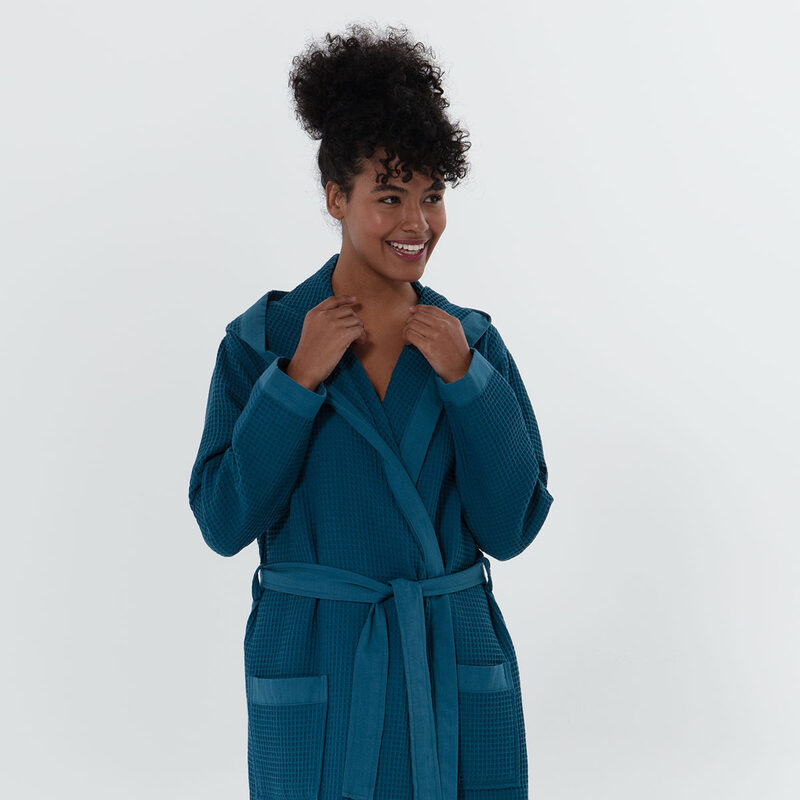Women’s Deep Aqua Blue Turkish Cotton Waffle Hooded Robe