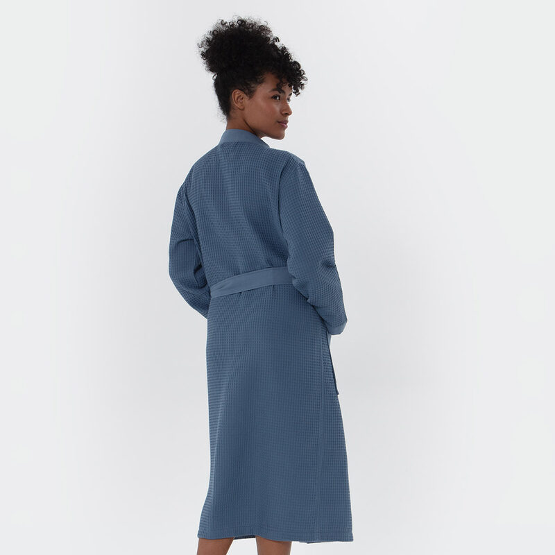 Women’s Indigo Blue Lightweight Kimono Waffle Spa Robe