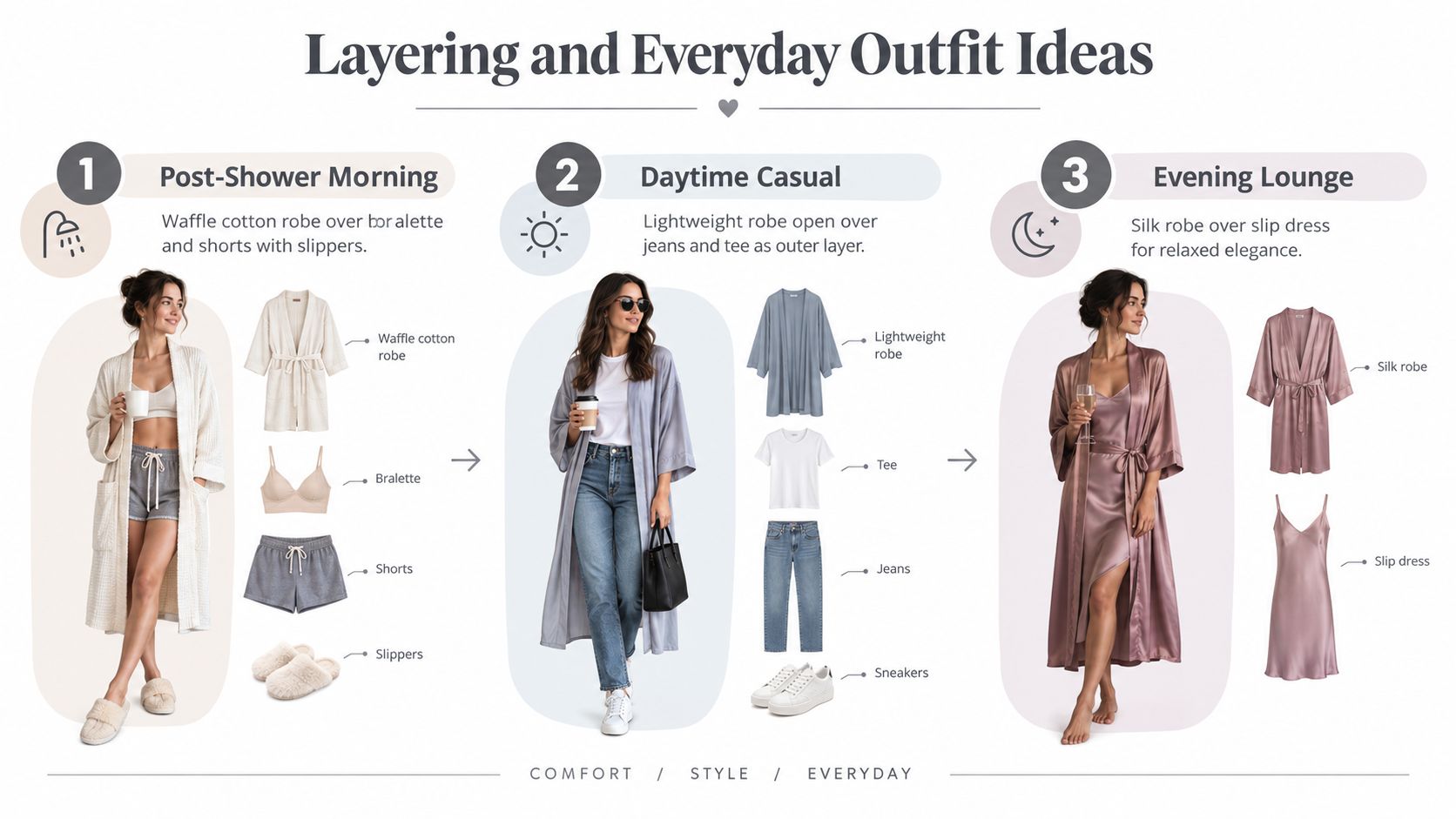 A visual guide showing three different ways to style a kimono-style robe for casual and elegant looks.