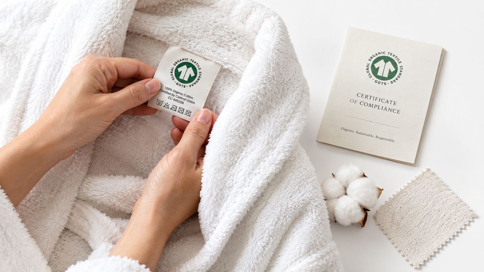 Hands holding a GOTS certified organic cotton label attached to a soft white luxury bathrobe.