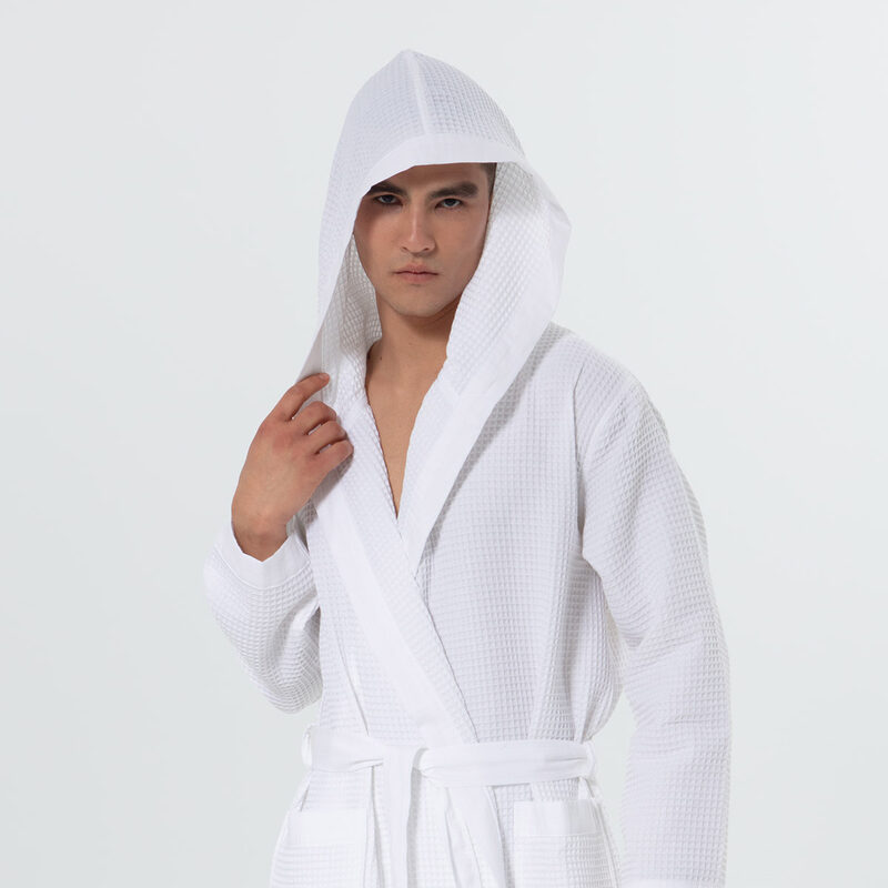 Men's White Hooded Turkish Cotton Waffle Robe