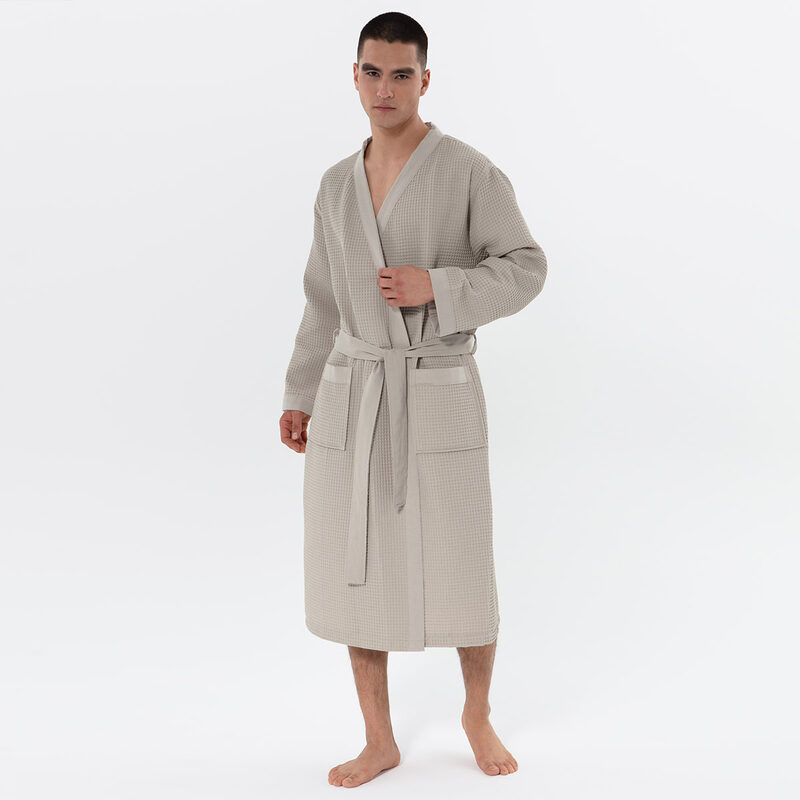Men’s Stone Beige Lightweight Kimono Waffle Spa Robe