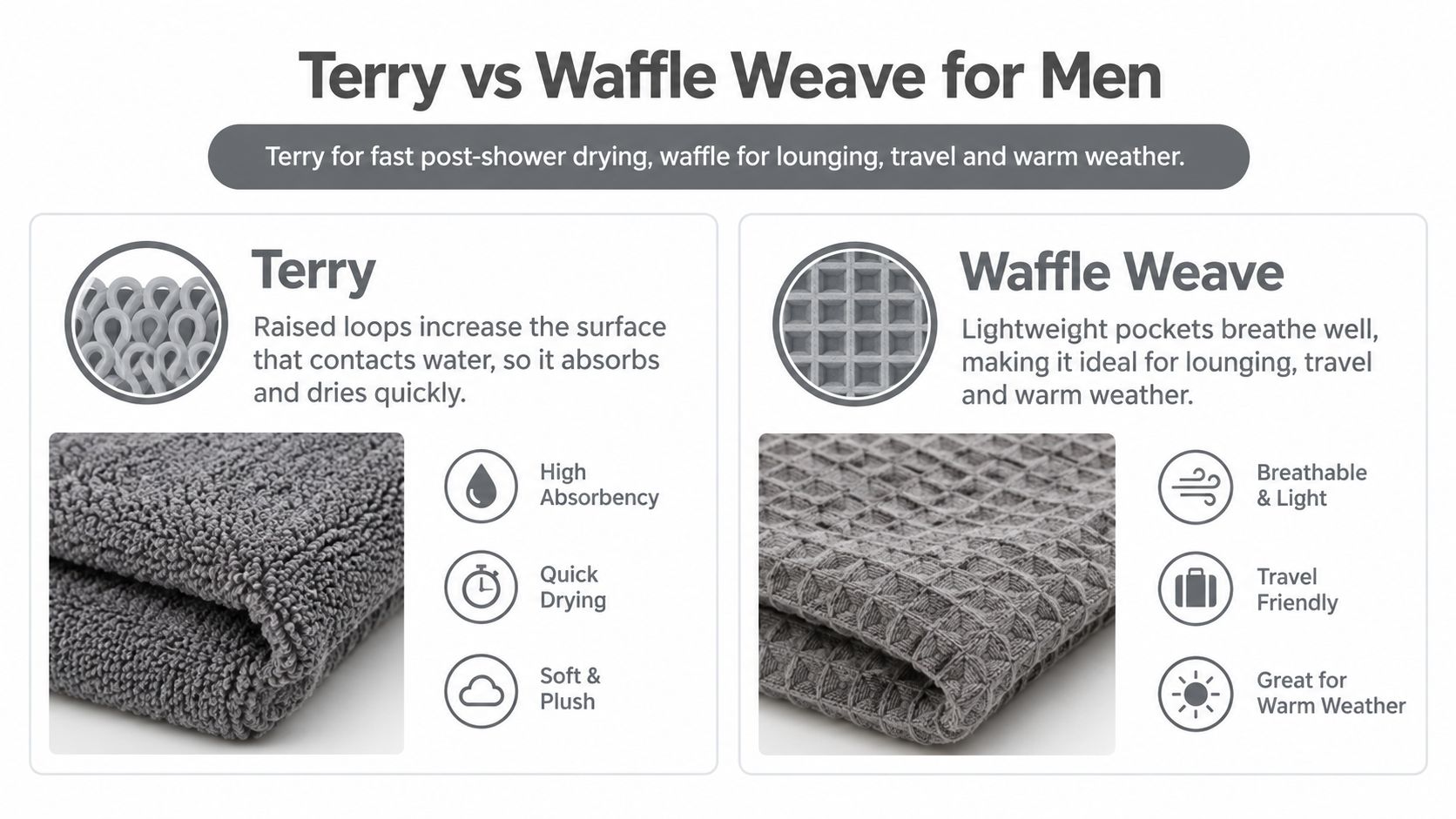 A comparison chart explaining the differences between Terry and Waffle weave fabric for men's robes.