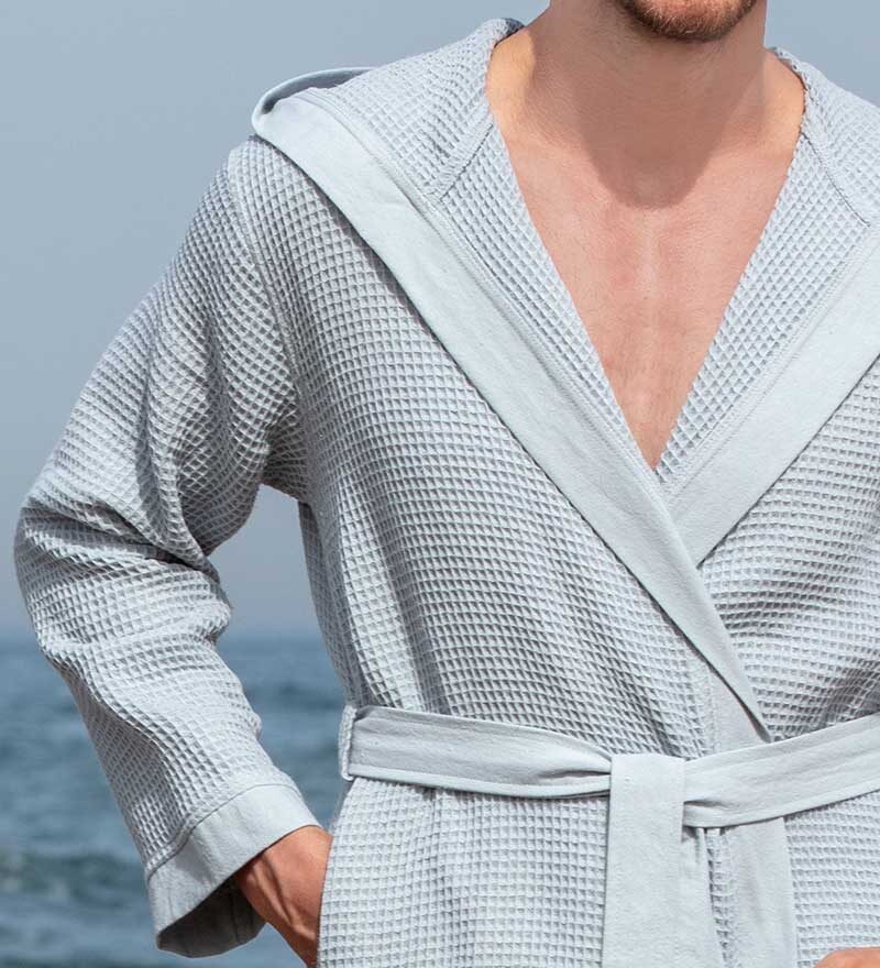Men's Blue Gray Hooded Turkish Cotton Waffle Robe - Clearance Sale