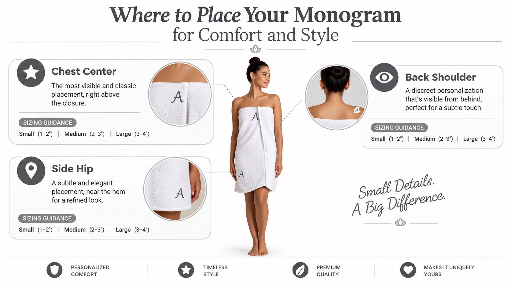 A diagram illustrating the ideal placement and sizing options for monograms on a white towel wrap.