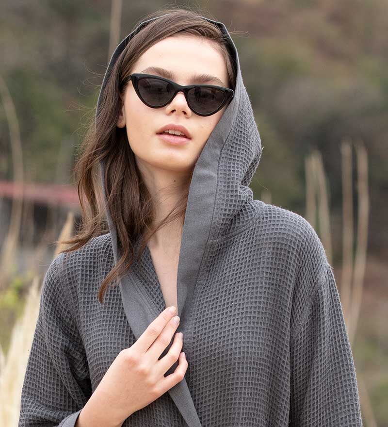 Women’s Charcoal Turkish Cotton Waffle Hooded Robe - Clearance Sale