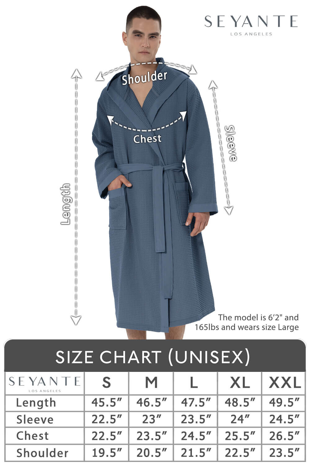 The model is 6'2" and 165 lbs and wears size Large