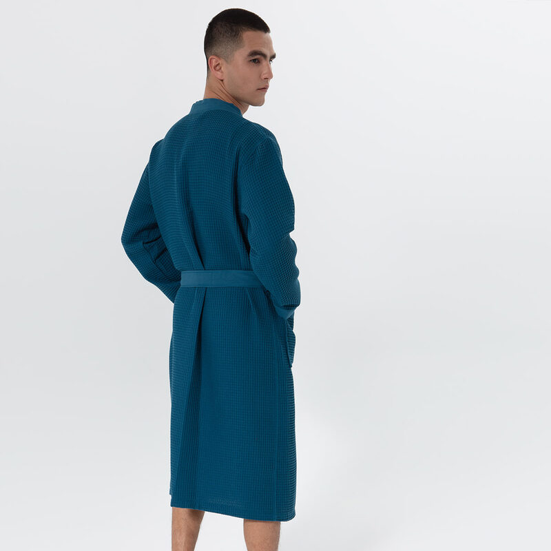 Men's Deep Aqua Blue Lightweight Kimono Waffle Spa Robe