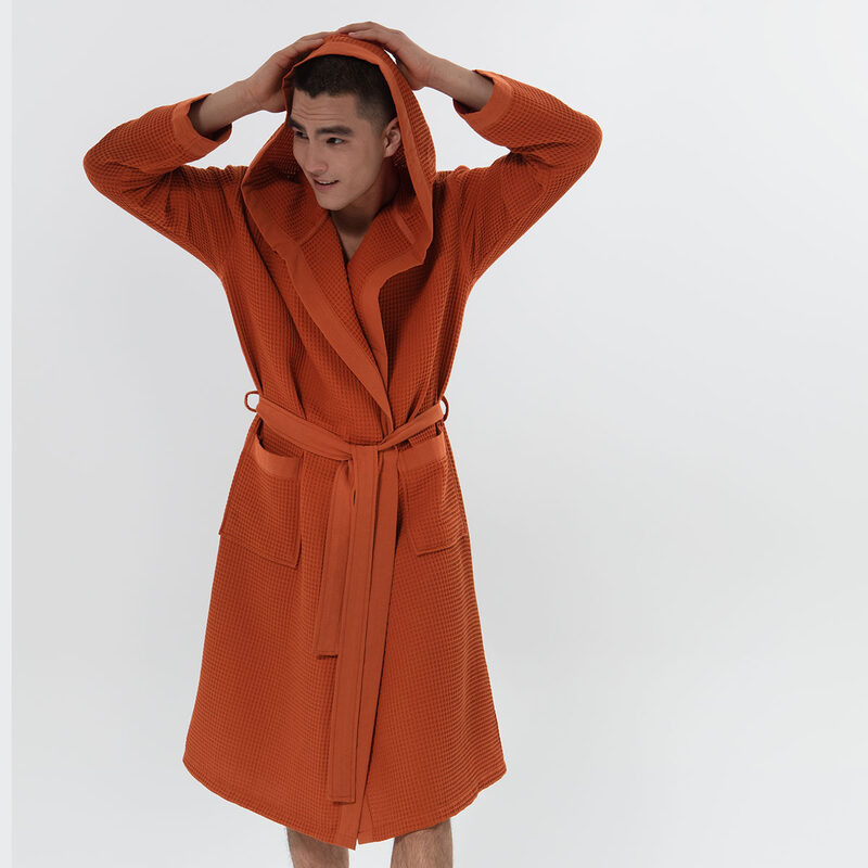 Men's Terra Cotta Hooded Turkish Cotton Waffle Robe