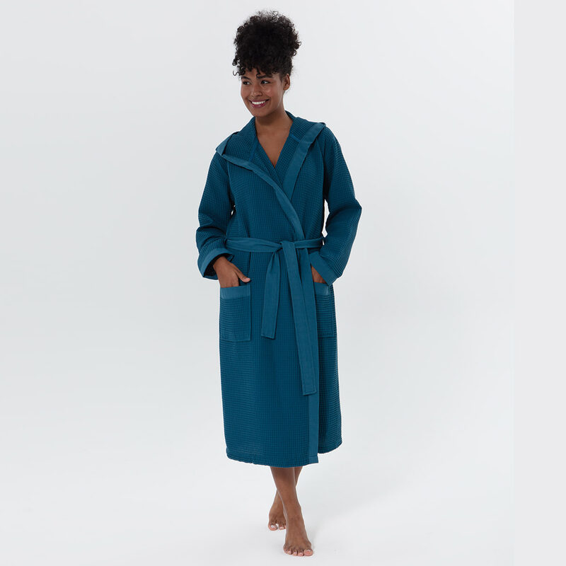 Women’s Deep Aqua Blue Turkish Cotton Waffle Hooded Robe