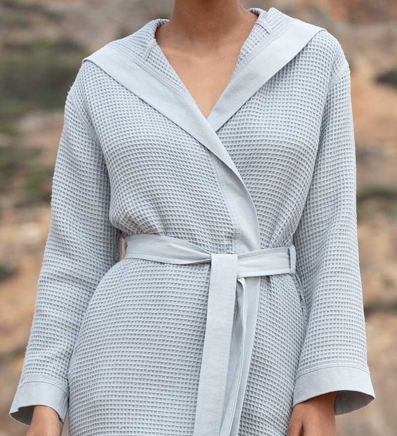 Women’s Blue Gray Turkish Cotton Waffle Hooded Robe - Clearance Sale