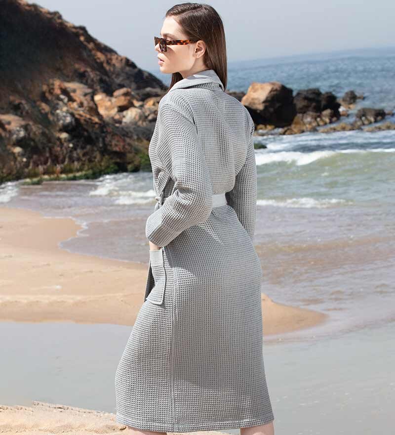Women’s Gray Lightweight Waffle Spa Robe with Shawl Collar