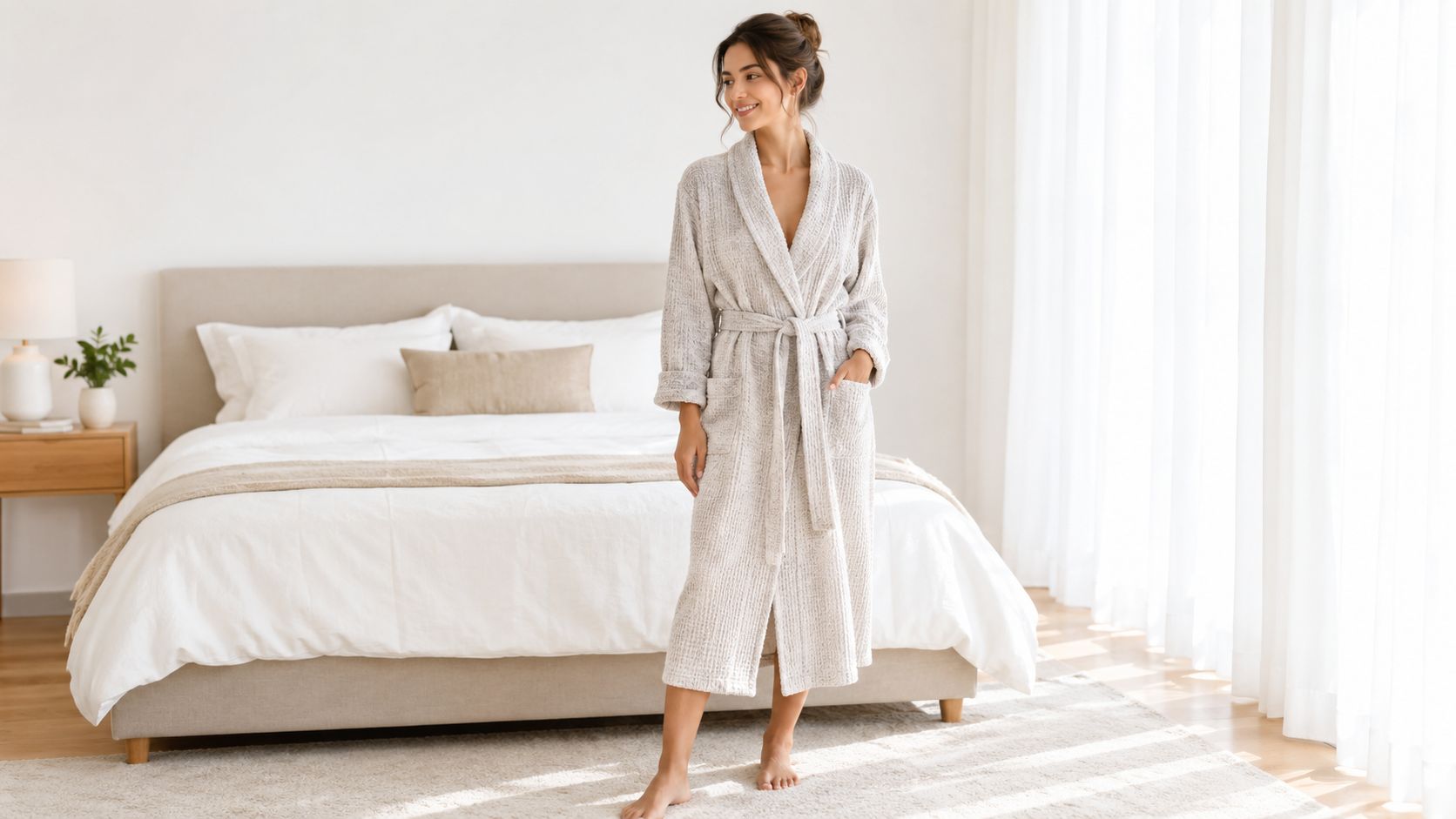 A smiling woman wearing a soft light gray waffle texture bathrobe standing in a bright minimalist bedroom.