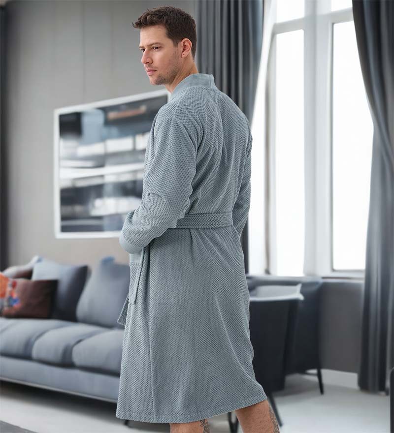 Men's Blue Gray Organic Turkish Terry Cloth Kimono Bathrobe