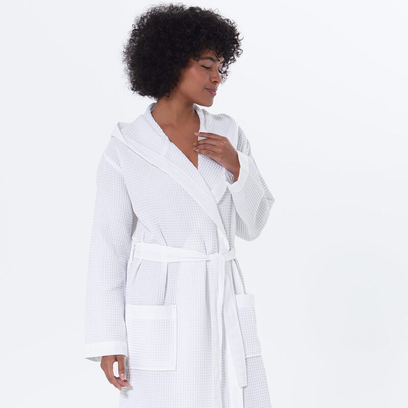 Women’s White Turkish Cotton Waffle Hooded Robe