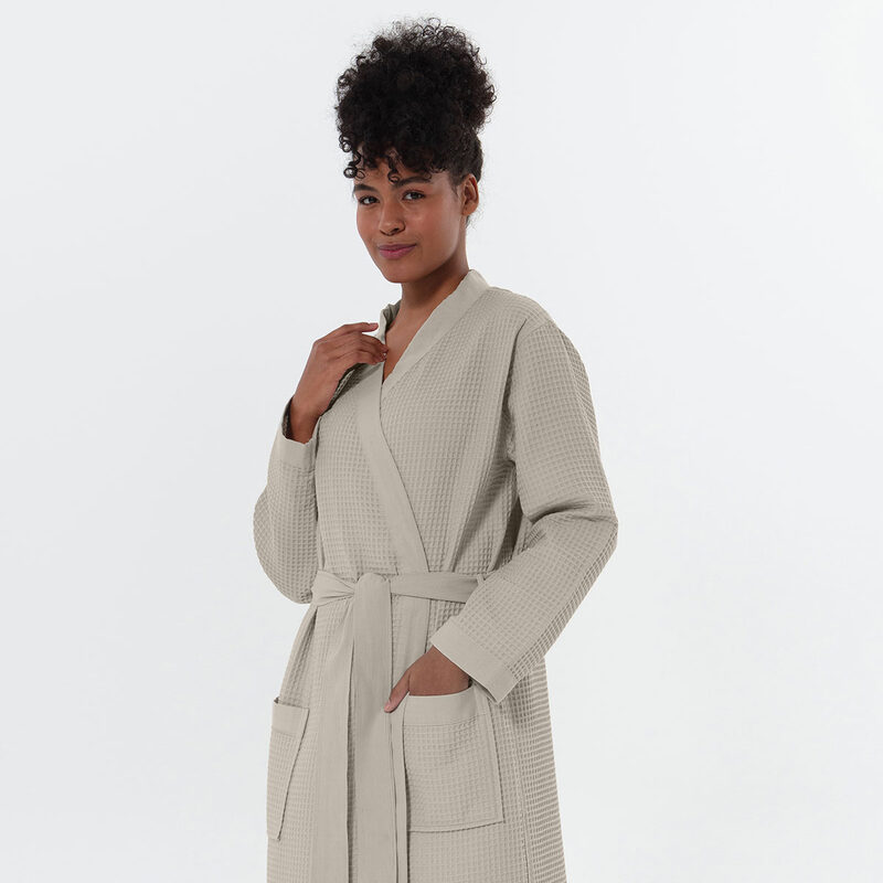 Women’s Stone Beige Lightweight Kimono Waffle Spa Robe