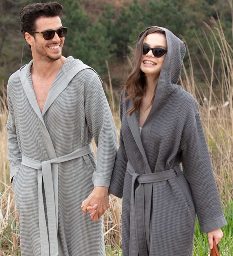 Women’s Charcoal Turkish Cotton Waffle Hooded Robe - Clearance Sale