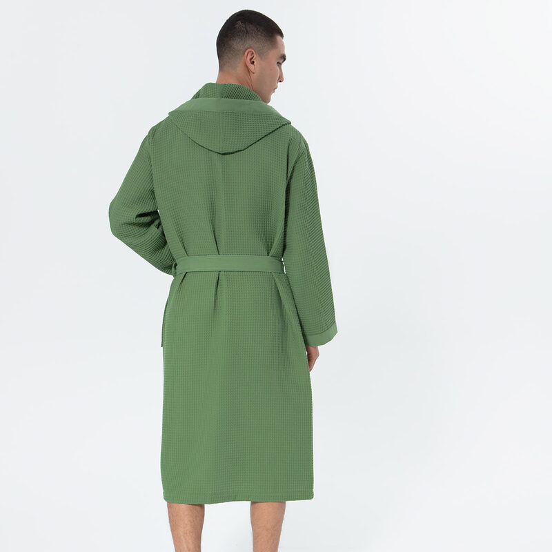 Men's Green Hooded Turkish Cotton Waffle Robe