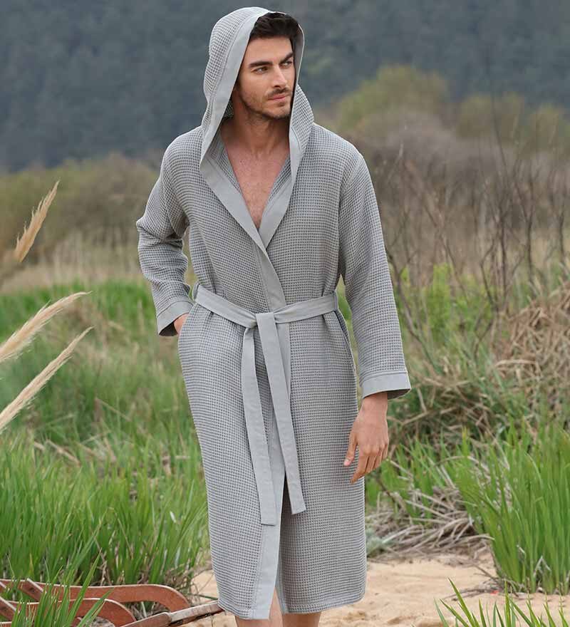 Men's Gray Hooded Turkish Cotton Waffle Robe