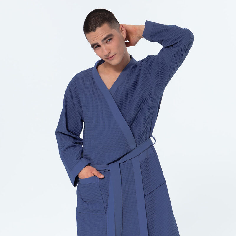 Men's Lavender Blue Lightweight Kimono Waffle Spa Robe