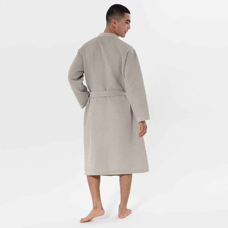 Men’s Stone Beige Lightweight Kimono Waffle Spa Robe