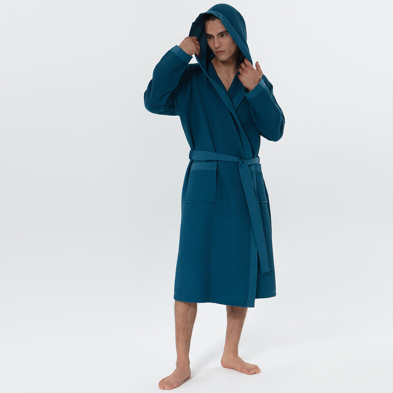 Men's Deep Aqua Blue Hooded Turkish Cotton Waffle Robe