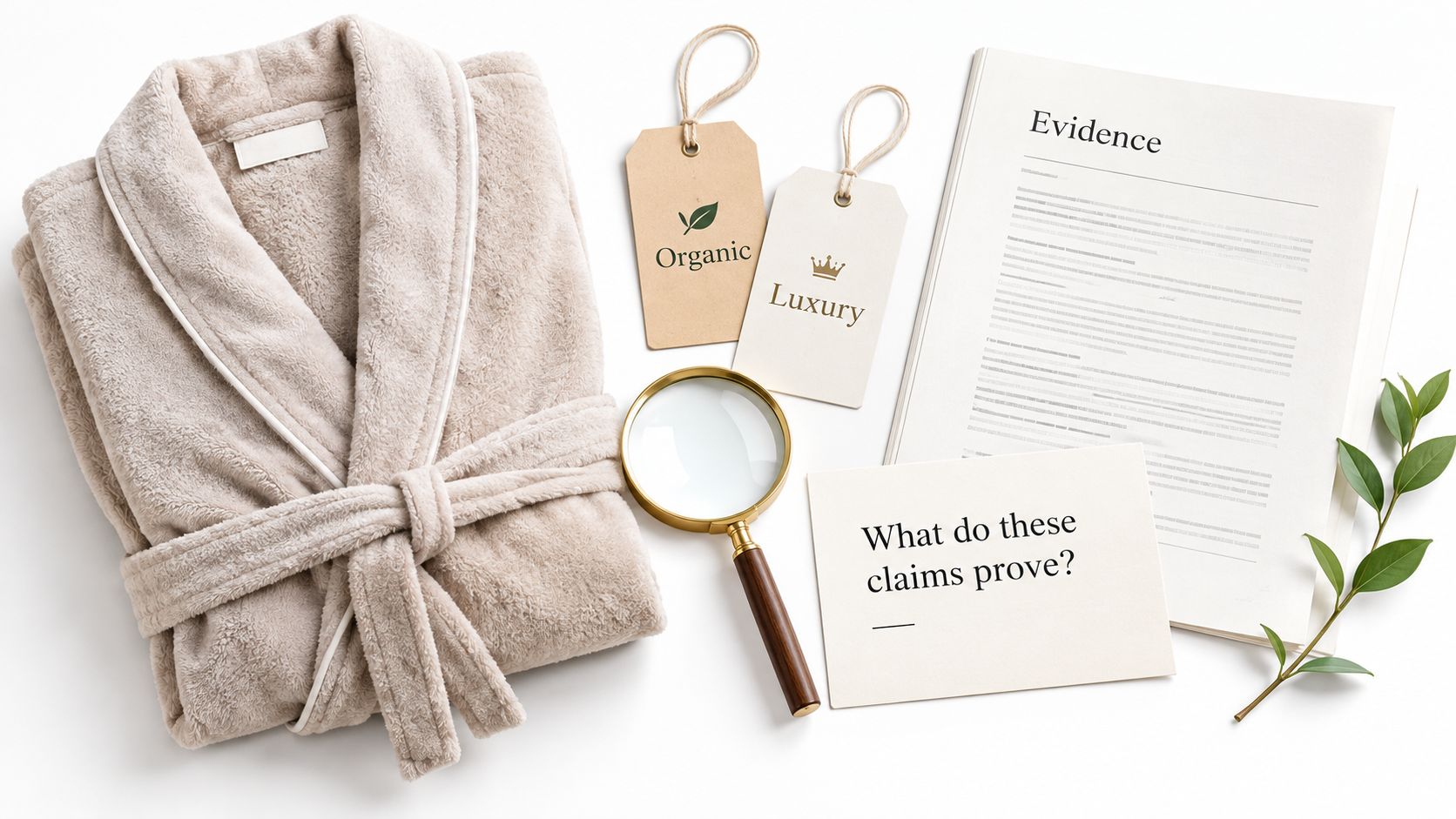 A beige plush dressing gown next to organic and luxury product tags, a magnifying glass, and document evidence.