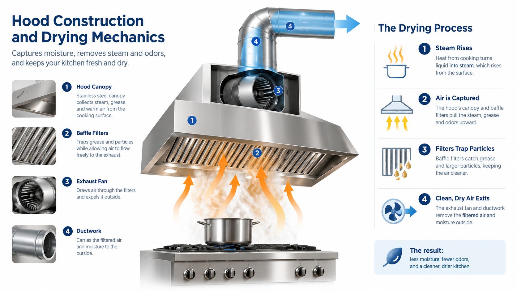 A detailed diagram illustrating the components of a kitchen ventilation hood and the process of exhaust airflow.