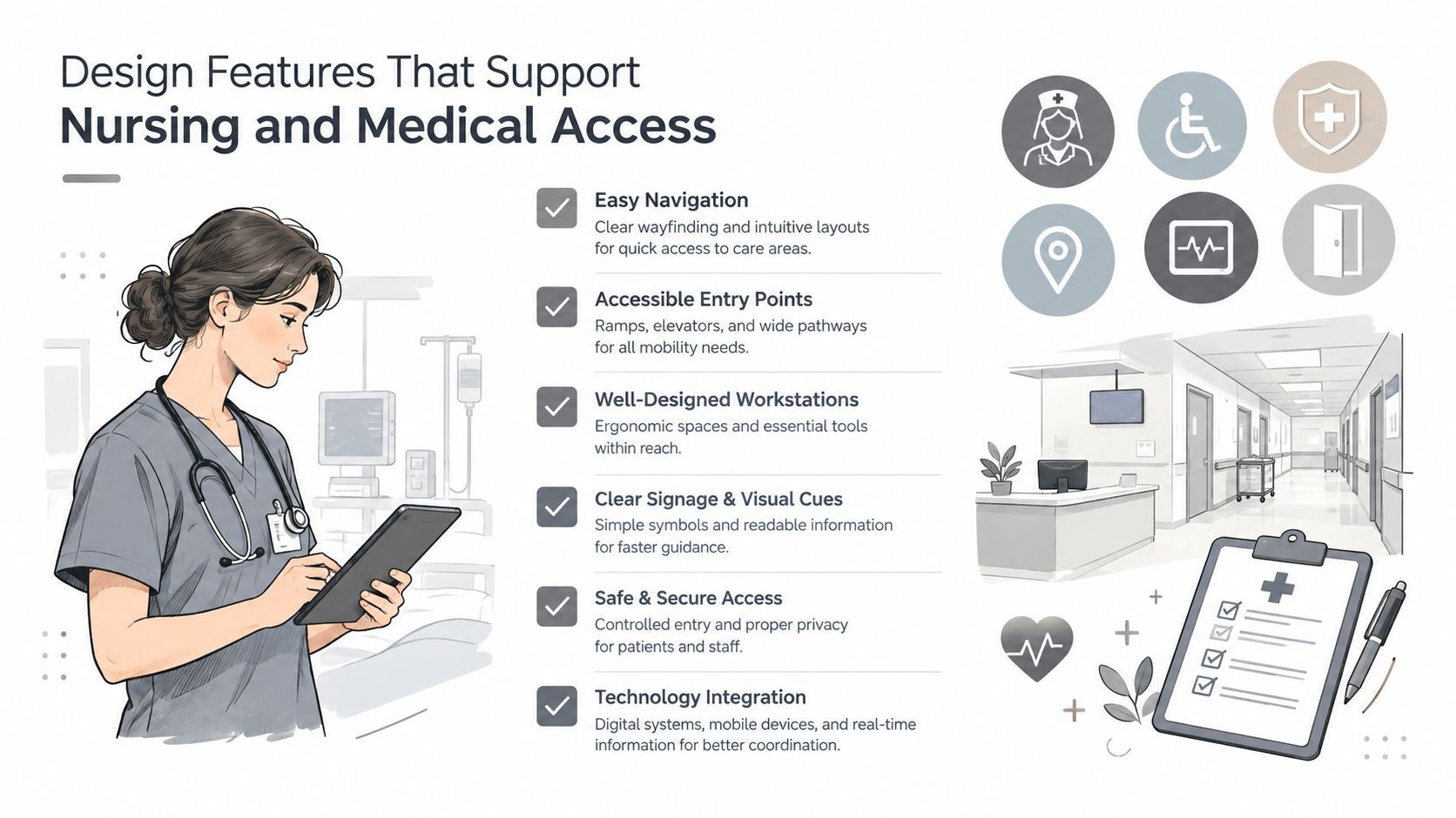 An infographic showing design features for nursing and medical access in a healthcare facility environment.