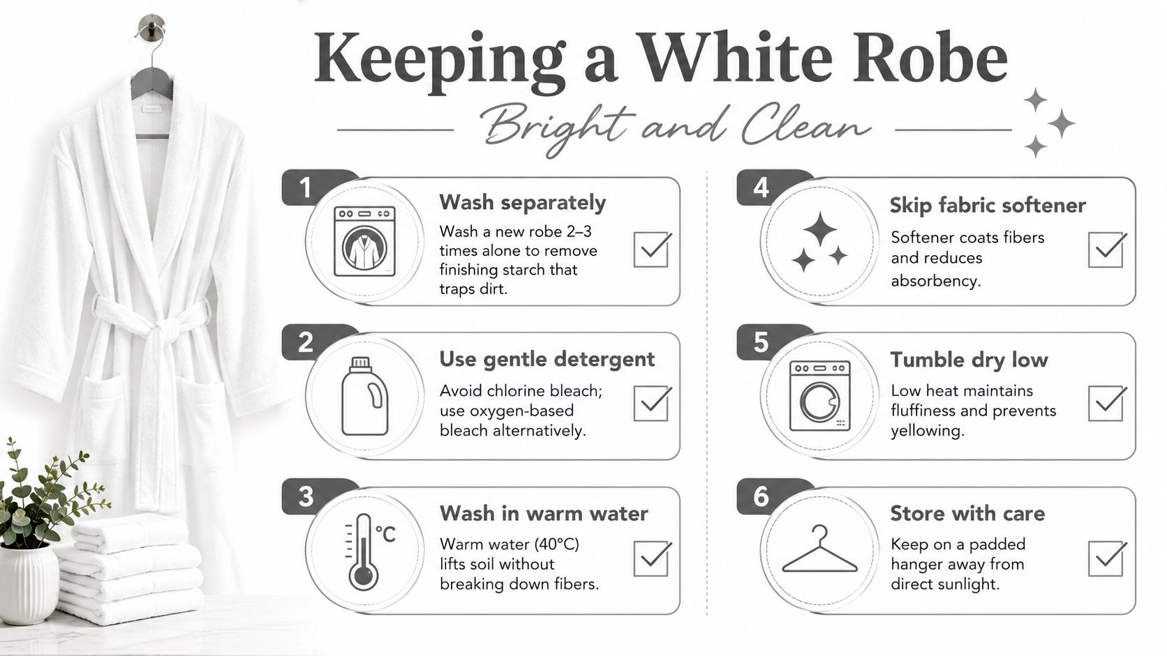 An instructional infographic titled Keeping a White Robe Bright and Clean, listing six maintenance and washing tips.