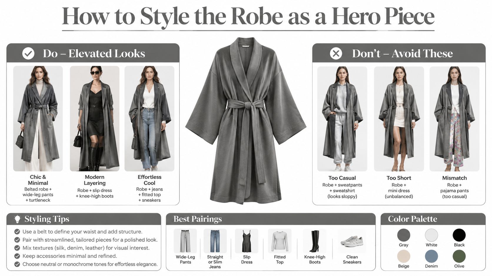 A fashion infographic showing how to style a grey robe with various outfits and pairing suggestions.