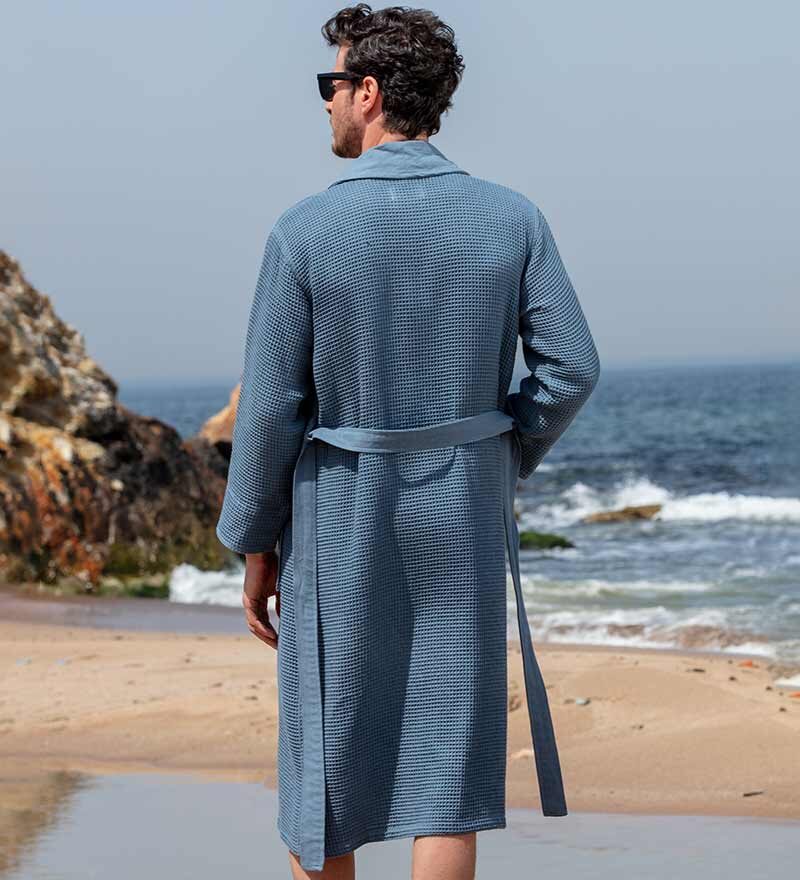 Men’s Indigo Blue Lightweight Waffle Spa Robe with Shawl Collar