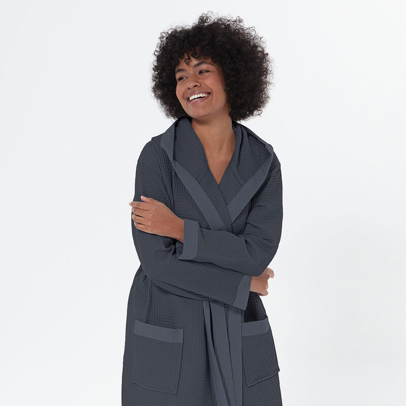Women’s Charcoal Turkish Cotton Waffle Hooded Robe