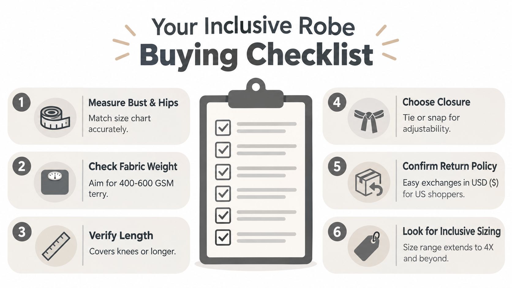 A six-step buying checklist guide for selecting inclusive plus size robes, featuring tips on measurements and sizing.