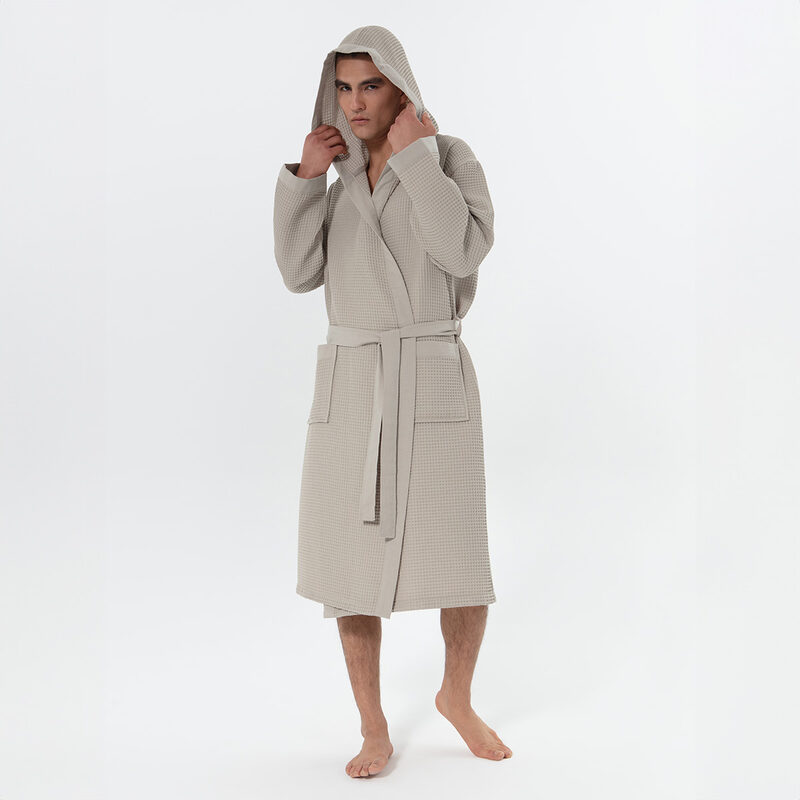Men's Stone Beige Hooded Turkish Cotton Waffle Robe