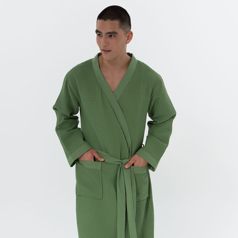 Men’s Green Lightweight Kimono Waffle Spa Robe