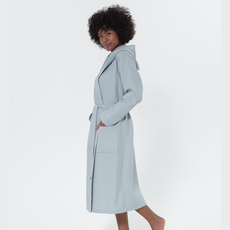 Women’s Blue Gray Turkish Cotton Waffle Hooded Robe