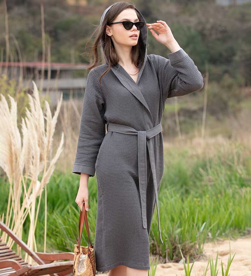 Women’s Charcoal Turkish Cotton Waffle Hooded Robe - Clearance Sale