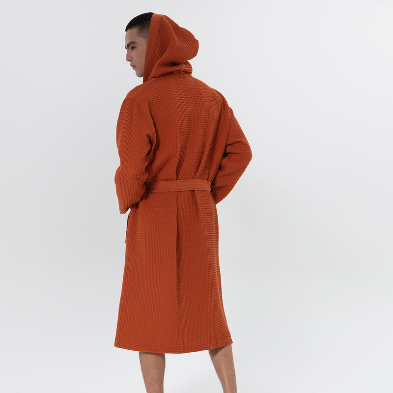 Men's Terra Cotta Hooded Turkish Cotton Waffle Robe