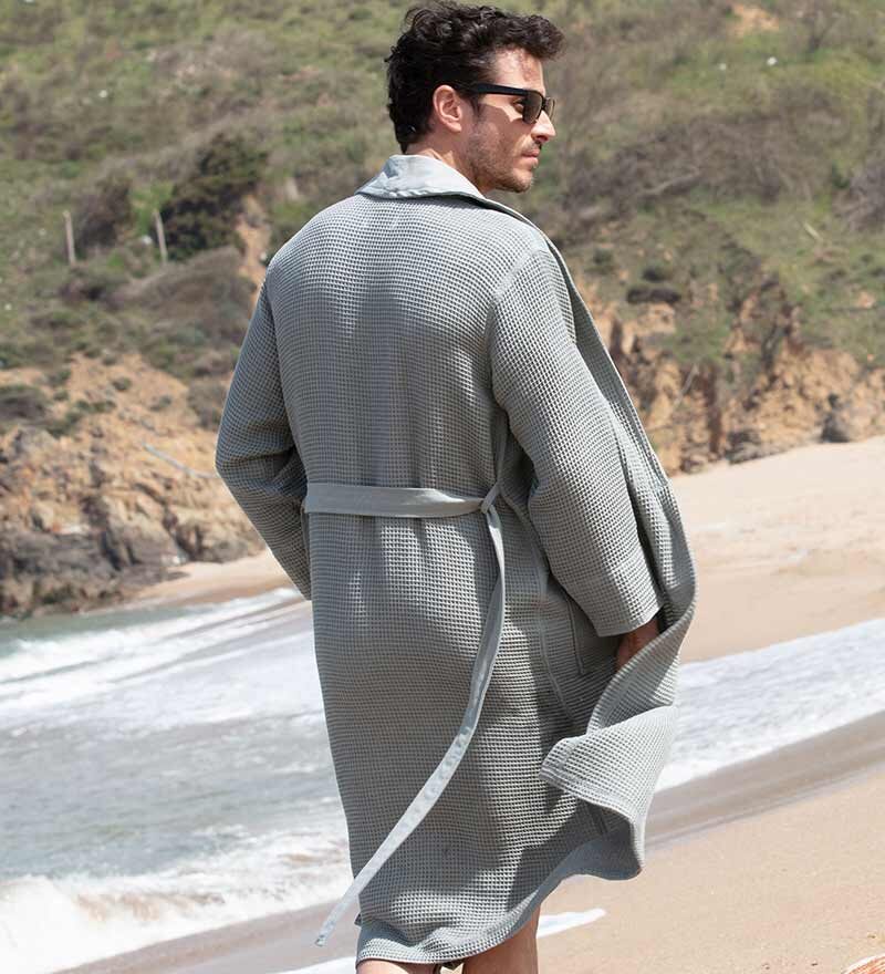 Men's Gray Lightweight Waffle Spa Robe with Shawl Collar