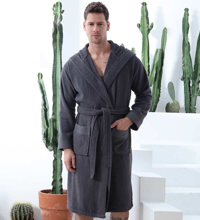 Men's Charcoal Luxury Turkish Cotton Terry Cloth Robe with Hood