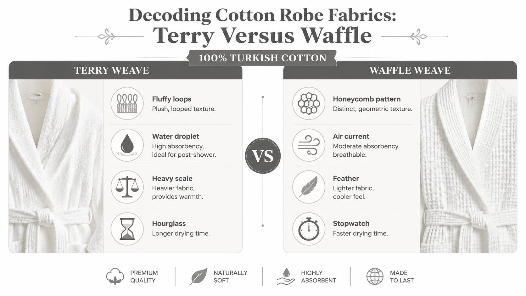 A comparison infographic between Terry weave and Waffle weave bathrobes made from 100% Turkish cotton fabric.