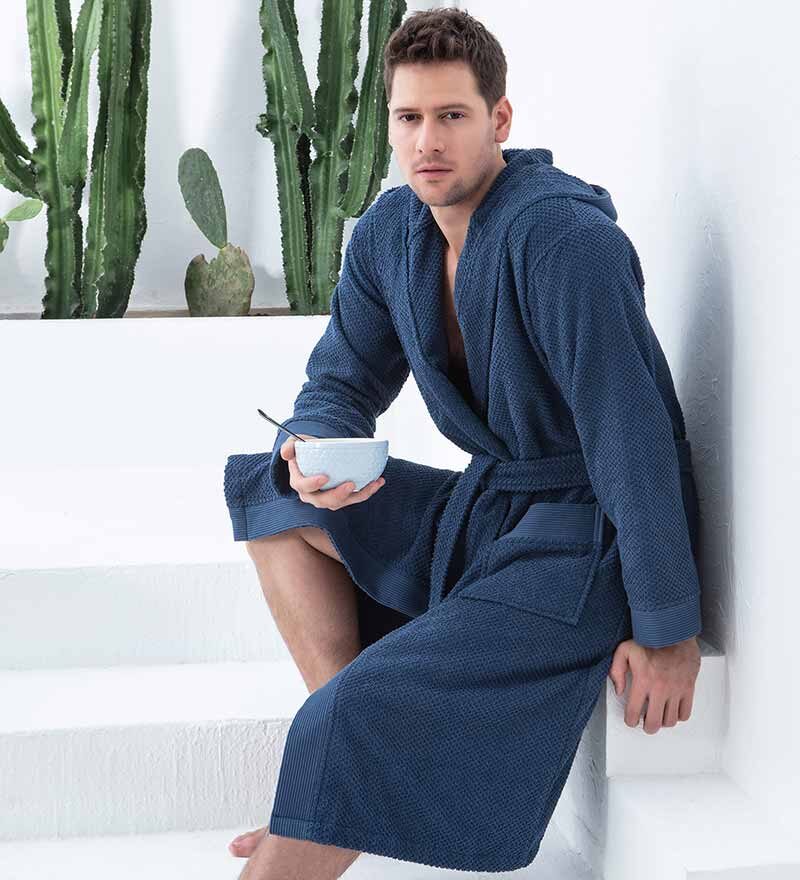Men's Navy Luxury Turkish Cotton Terry Cloth Robe with Hood