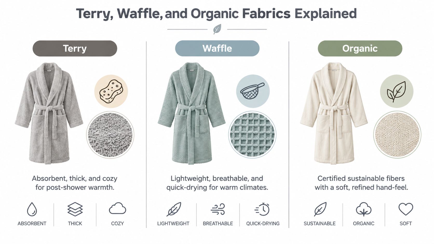 A comparison guide for terry, waffle, and organic bathrobes highlighting their textures and key benefits for consumers.