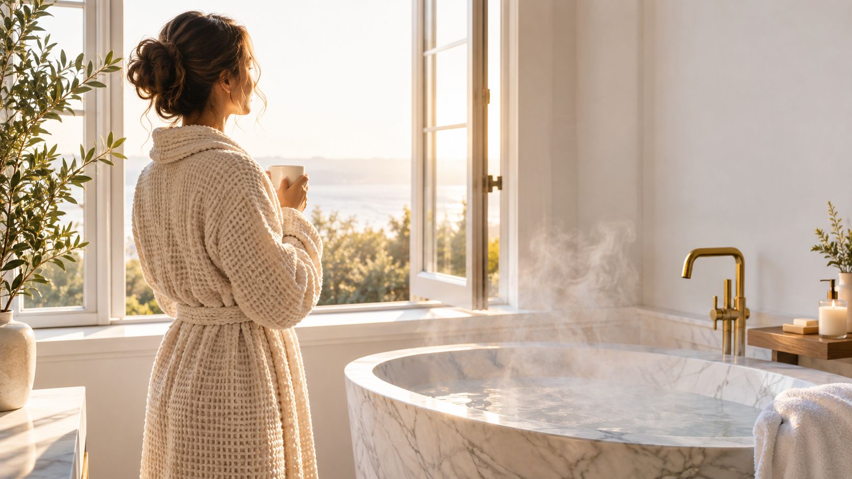 A woman in a luxury waffle bathrobe holding a cup of tea by a steaming marble bathtub.
