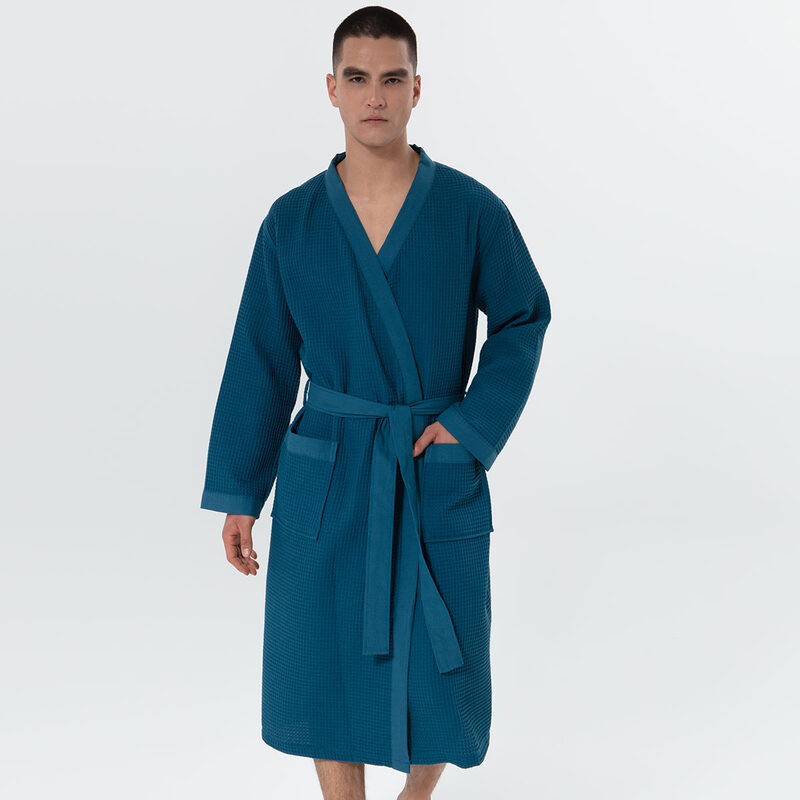 Men's Deep Aqua Blue Lightweight Kimono Waffle Spa Robe