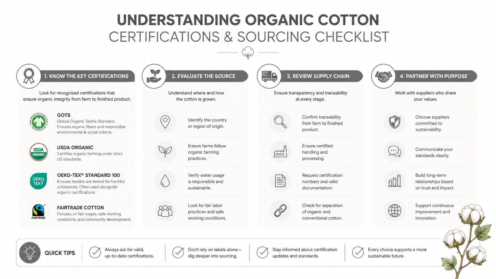 A step-by-step infographic titled Understanding Organic Cotton Certifications & Sourcing Checklist for sustainable textile production.
