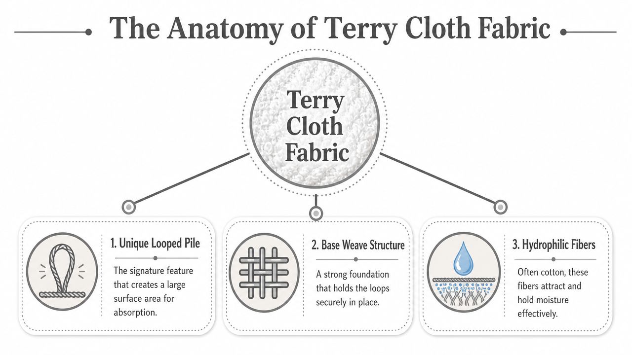An infographic diagram explaining the anatomy of terry cloth fabric with three key components labeled.